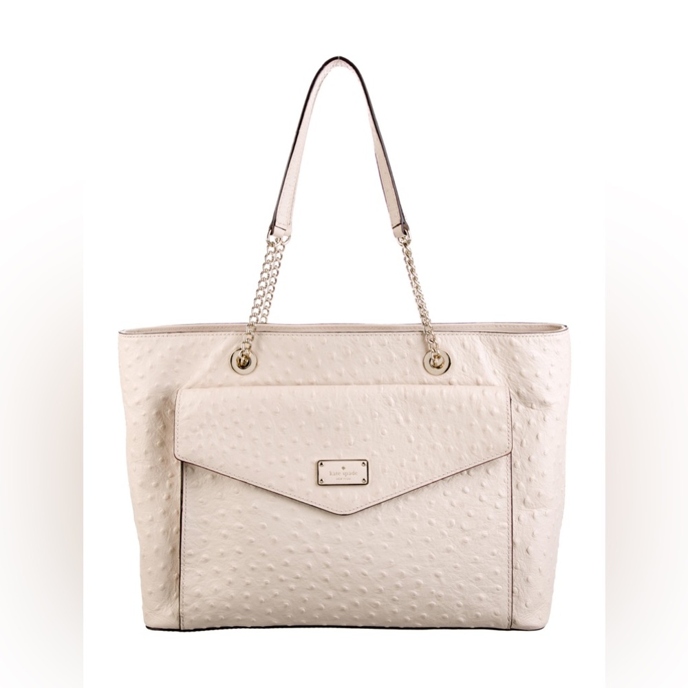 Kate Spade La Vita Halsey Beige Leather Tote Shoulder Bag Ostrich Embossed